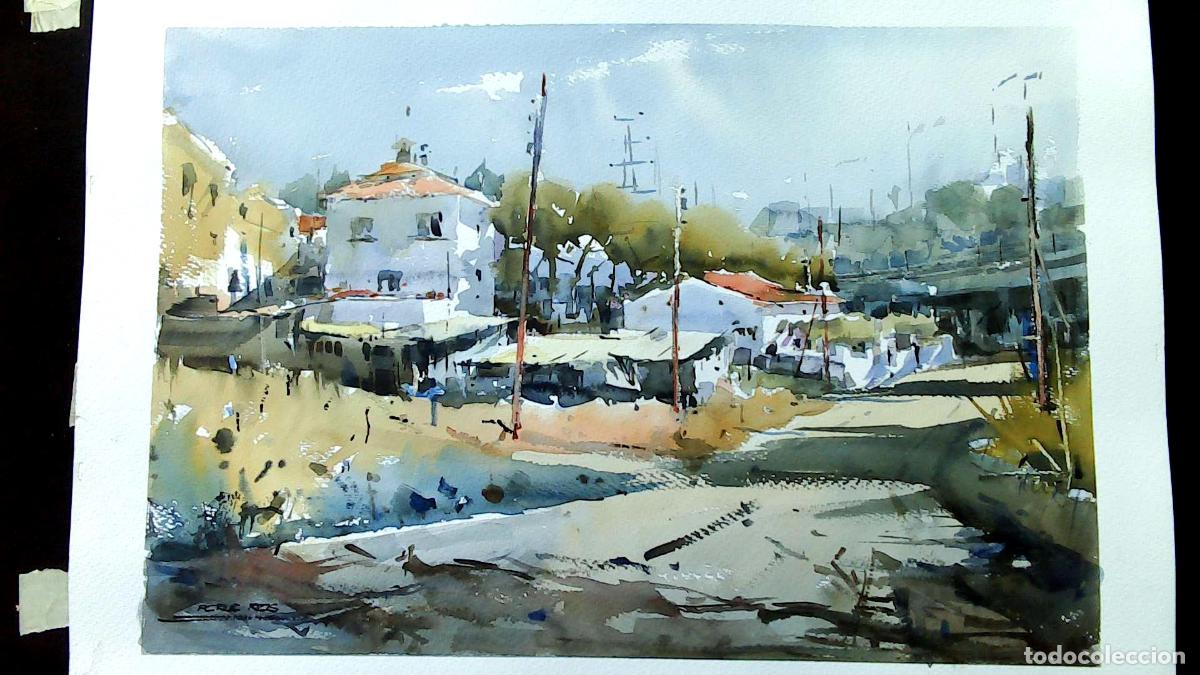 Arte: Pere Ros - Puerto con edificaciones - 70x50 cm - Acuarelas