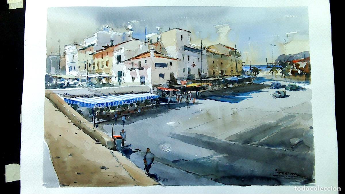Arte: Pere Ros - Puerto con edificaciones - 70x50 cm - Acuarelas
