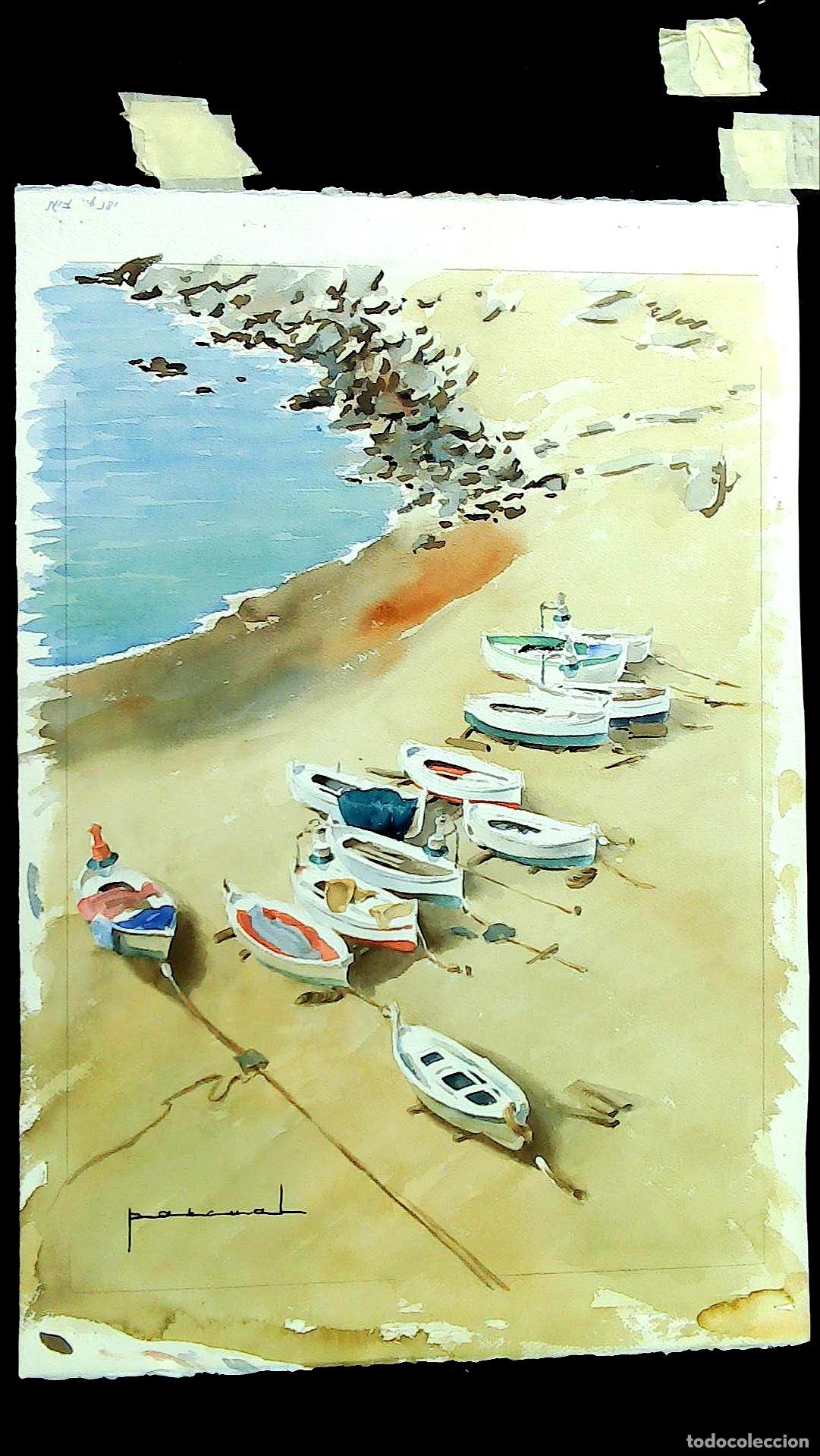 Arte: Pascual - Barcos en la playa - 55x40 cm - Acuarelas