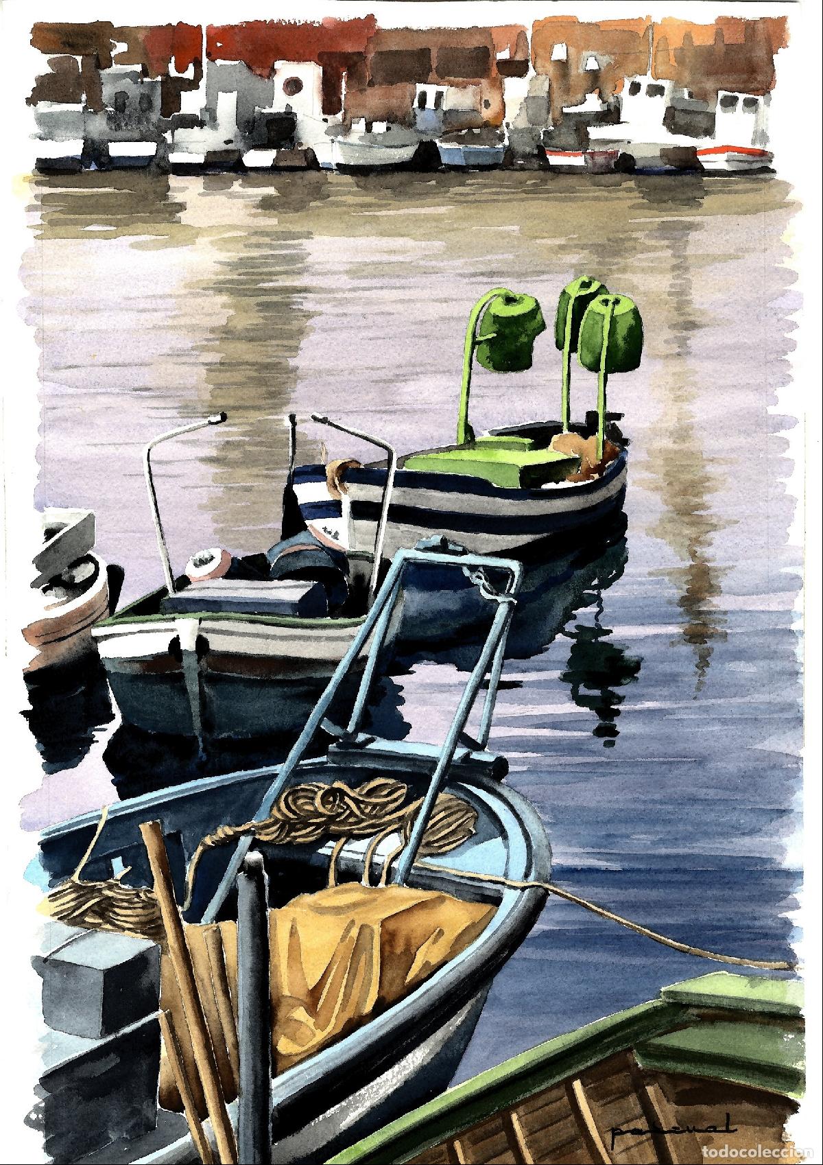 Arte: Pascual - Barcos en el puerto - 42x30 cm - Acuarelas