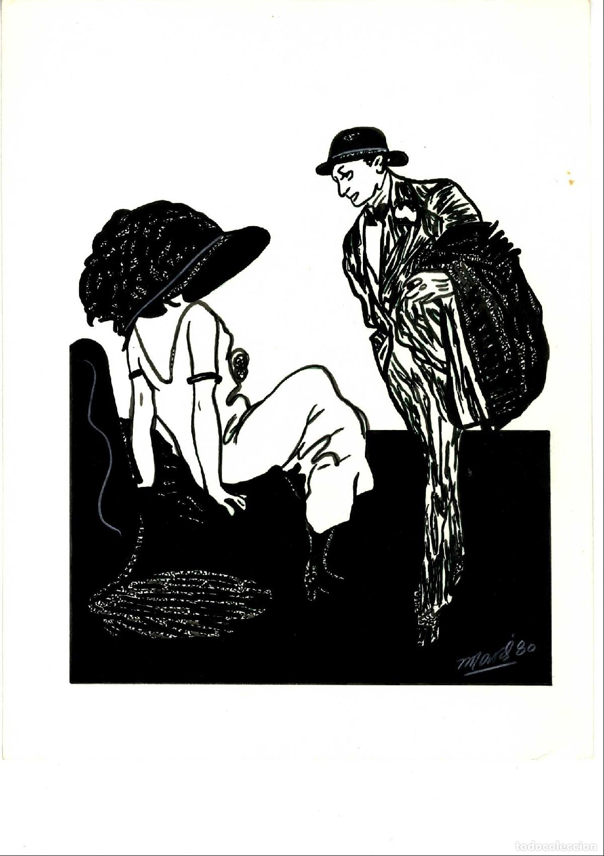 Arte: Mora - Pareja en encuentro casual - 35x25 cm - Acuarelas