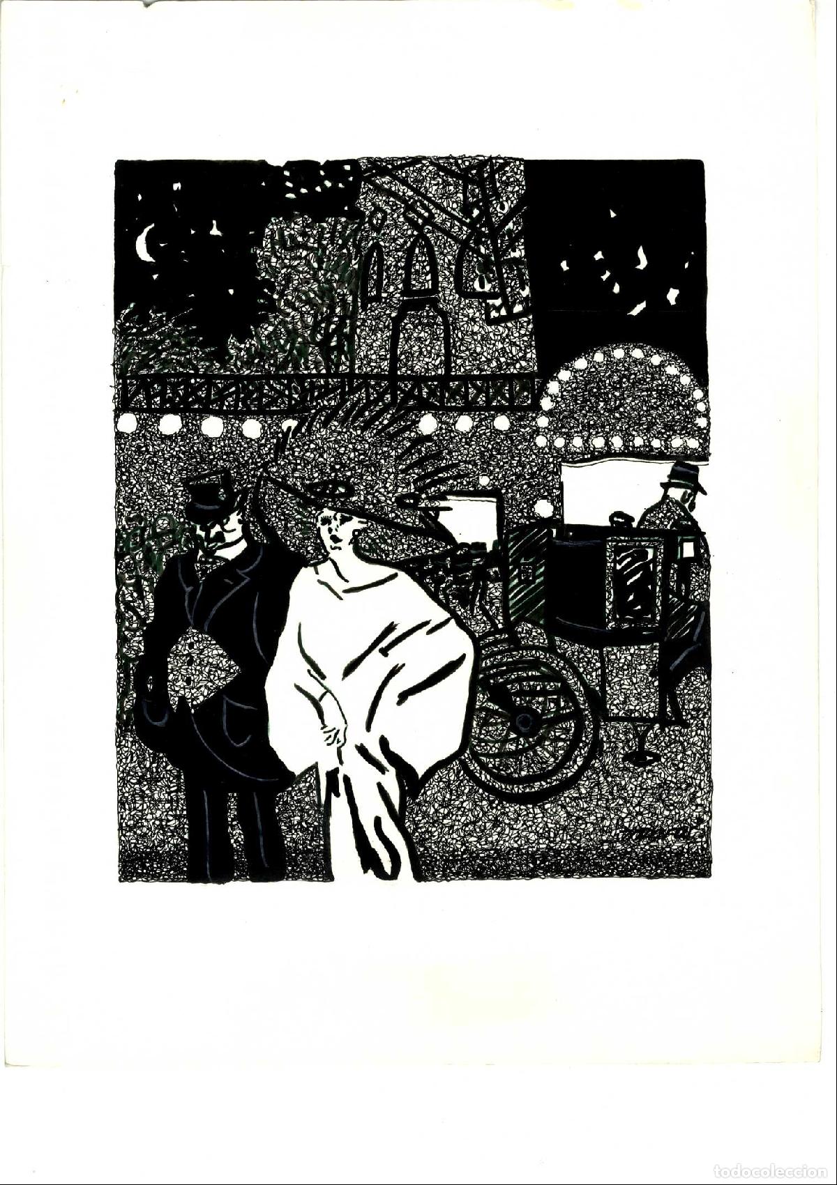 Arte: Mora - Paseo nocturno en carruaje - 35x25 cm - Acuarelas