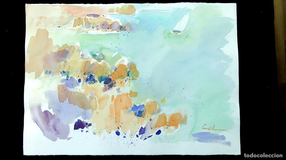 Arte: Luis Amer - Costa con velero - 70x50 cm - Acuarelas