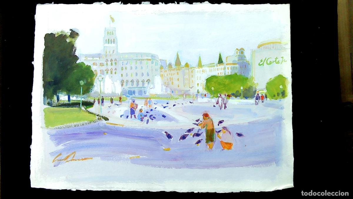 Arte: Luis Amer - Mujer alimentando palomas - 70x50 cm - Acuarelas