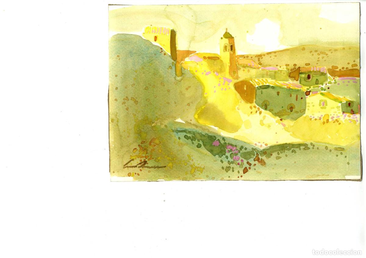Arte: Luis Amer - Pueblo en la ladera - 22x19 cm - Acuarelas