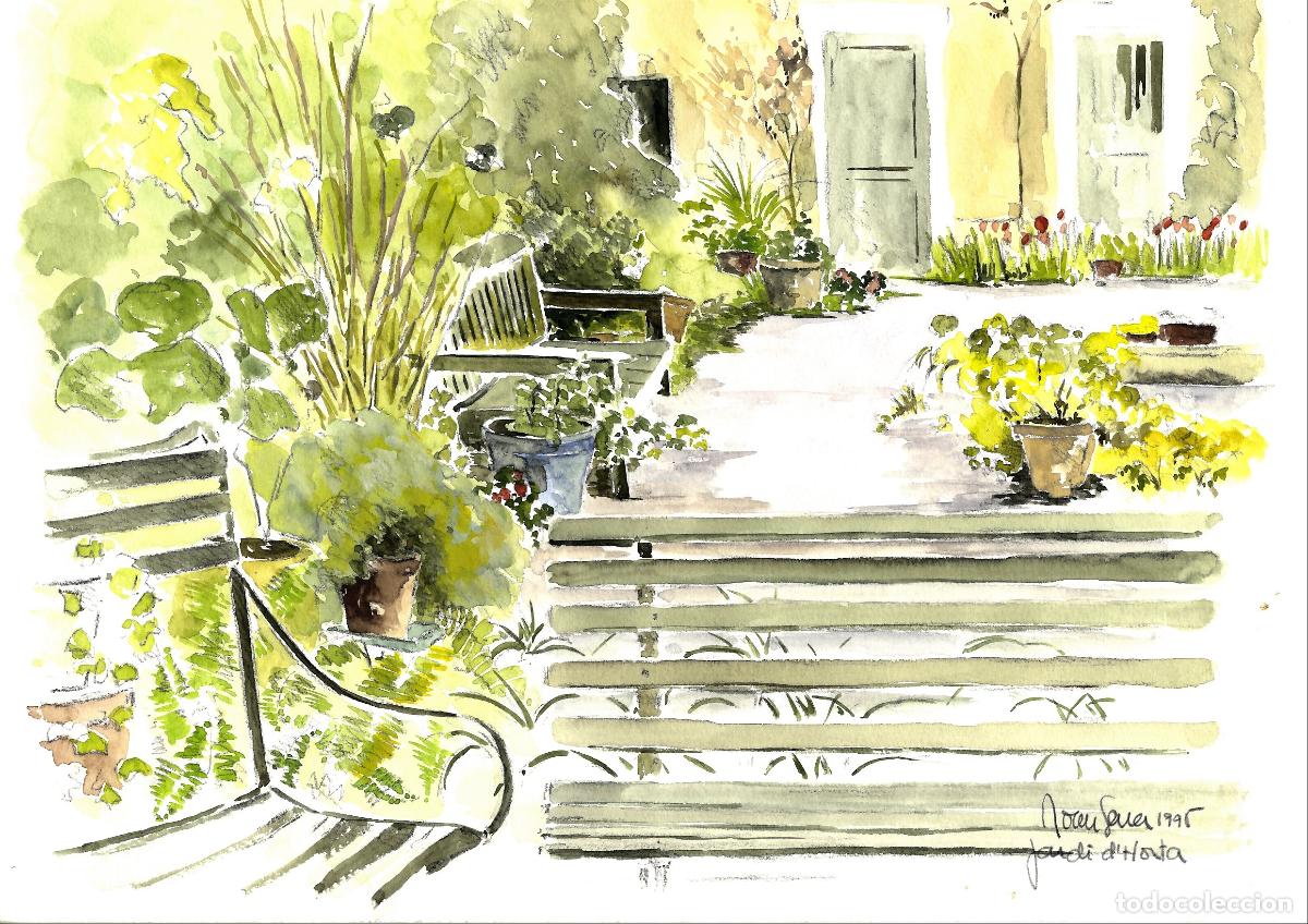 Arte: Joan Serra Melgosa - Jard&iacute;n con escaleras - 42x30 cm - Acuarelas