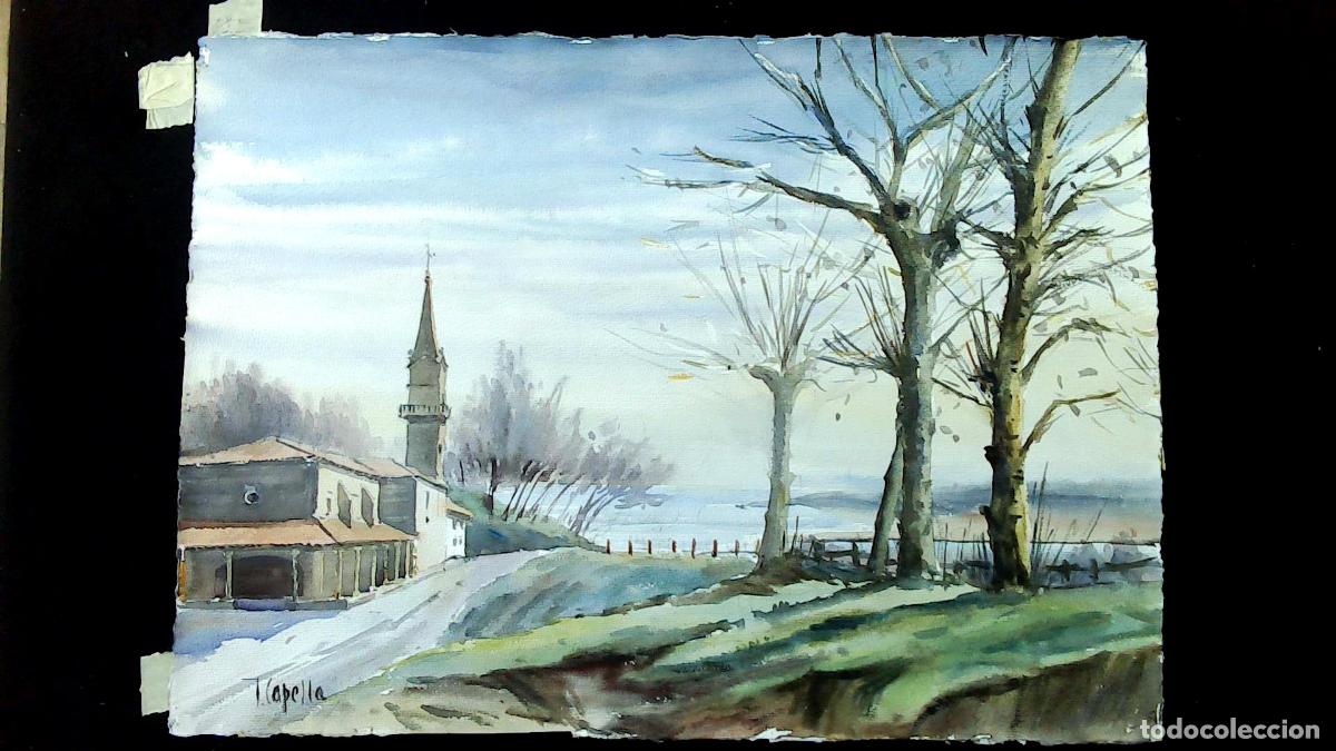 Arte: J Capella - Paisaje invernal con minarete - 55x35 cm - Acuarelas