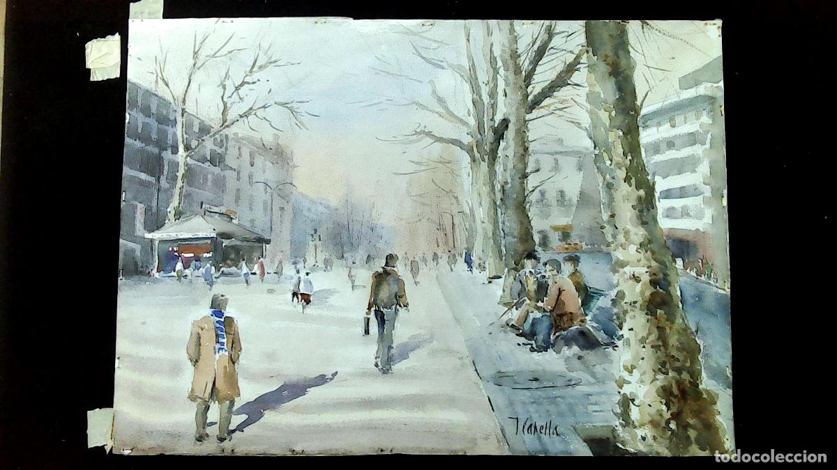Arte: J Capella - Paseo invernal urbano - 55x35 cm - Acuarelas