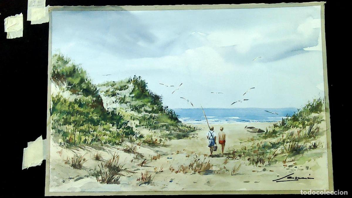 Art: Anonimo-Ilegible - Paseo por la playa - 55x35 cm - Acuarelas