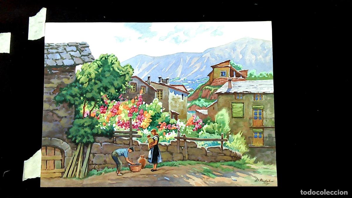 Art: Dionisio Nadal - Mujer con ni&ntilde;os en pueblo - 50x35 cm - Acuarelas