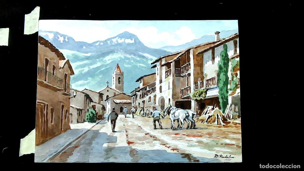 Art: Dionisio Nadal - Calle con caballos - 50x35 cm - Acuarelas