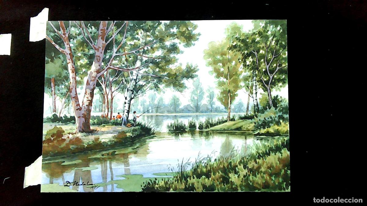 Arte: Dionisio Nadal - Pescador en ribera tranquila - 50x35 cm - Acuarelas