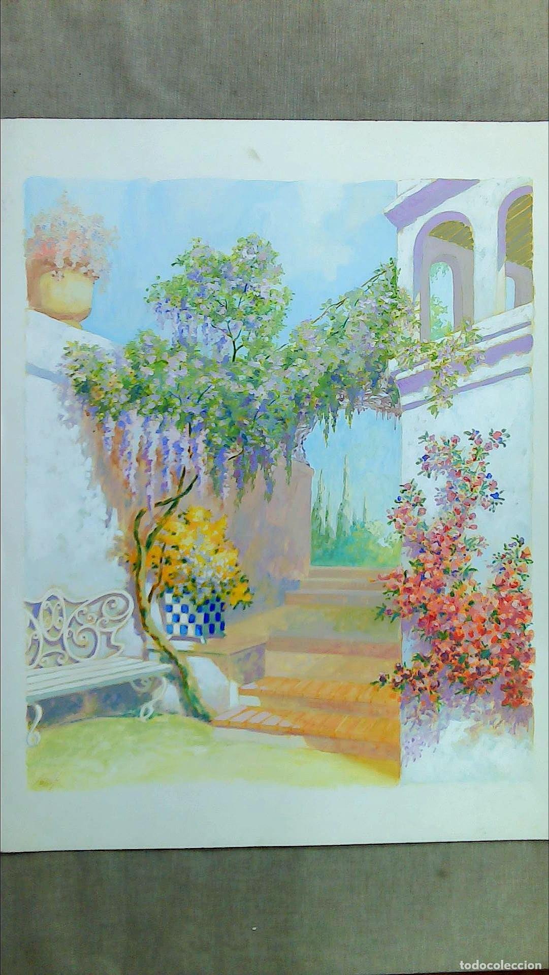 Arte: Danilo Fernandez - Jard&iacute;n con flores y barandilla - 65x50 cm - Acuarelas