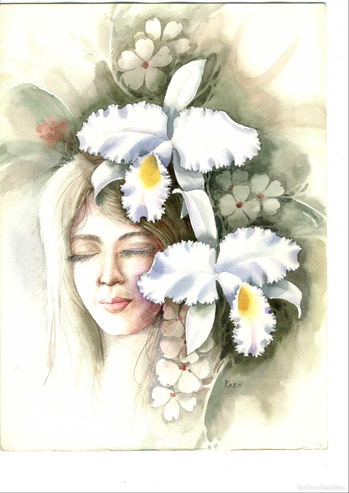 Arte: Anonimo-Ilegible - Mujer con flores blancas - 38x28 cm - Acuarelas