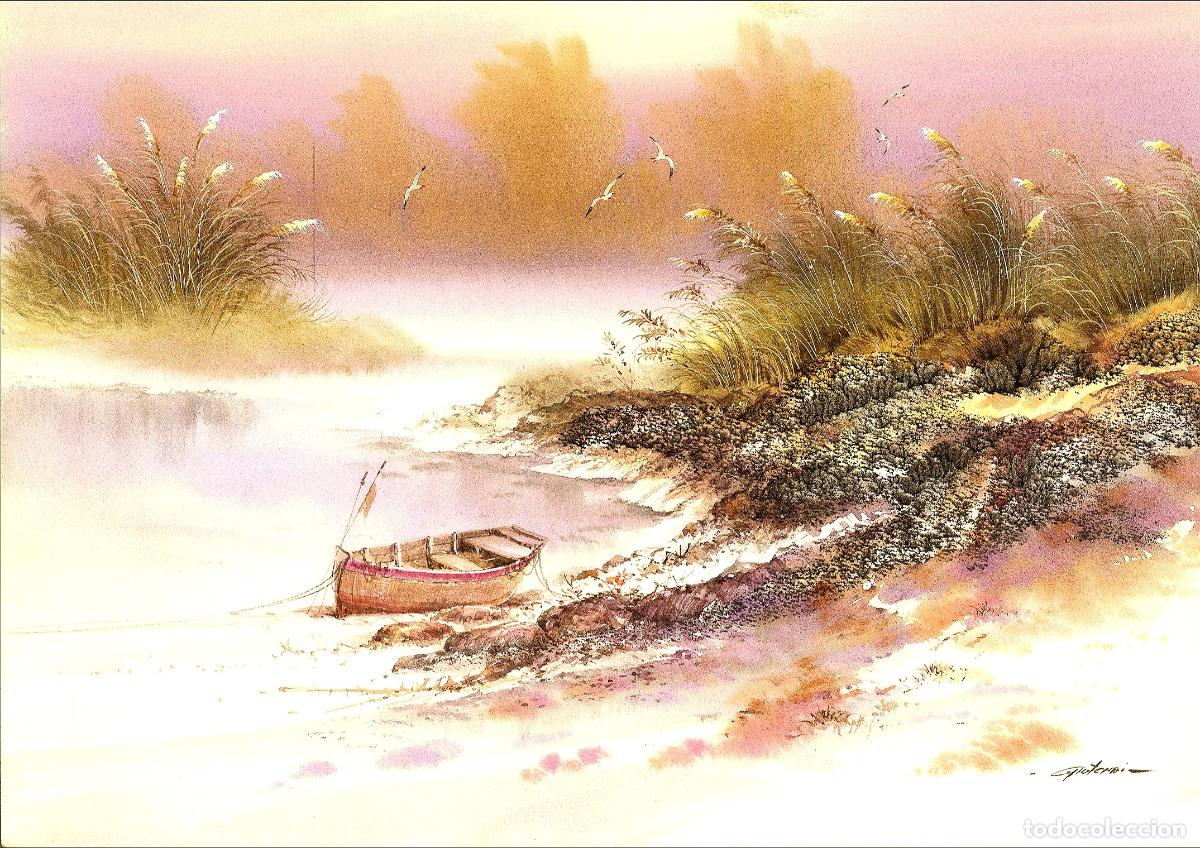 Arte: Anonimo-Ilegible - Barco en aguas serenas - 38x28 cm - Acuarelas