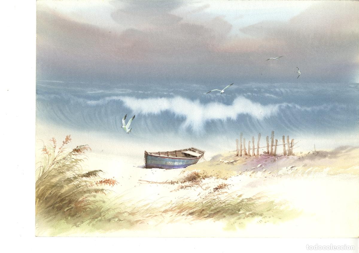 Arte: Anonimo-Ilegible - Barca en la playa - 38x28 cm - Acuarelas