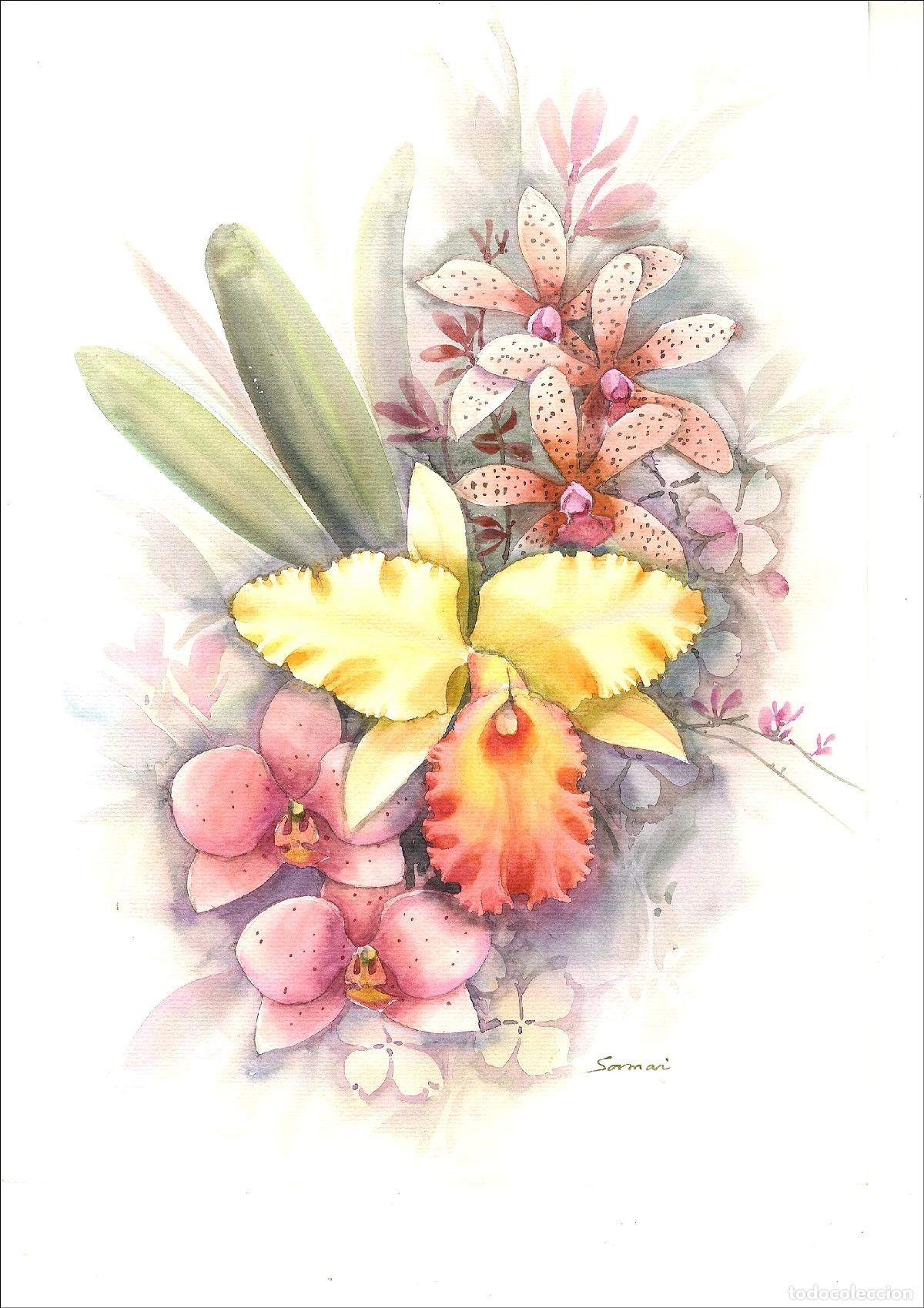 Arte: Anonimo-Ilegible - Orquidea amarilla central - 38x28 cm - Acuarelas