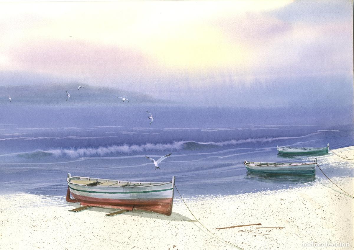 Arte: Anonimo-Ilegible - Barcos en la playa - 38x28 cm - Acuarelas