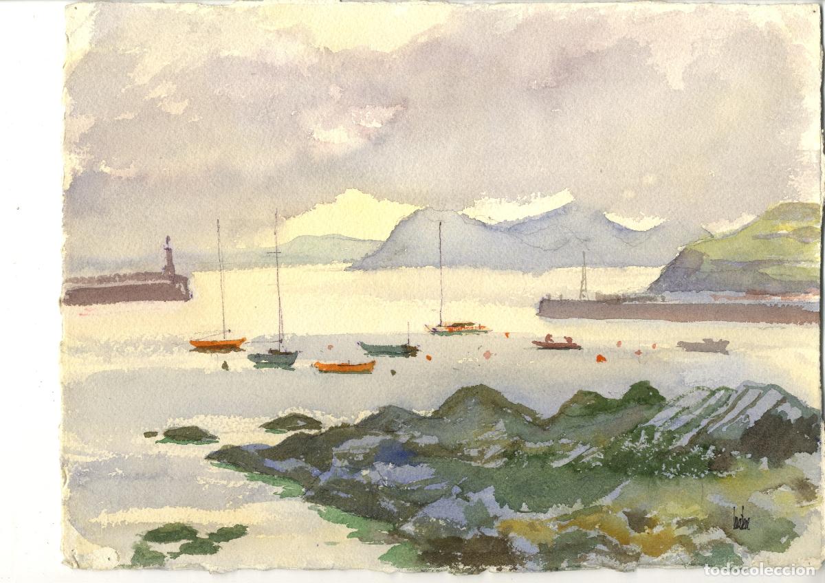 Arte: Anonimo-Ilegible - Barcos en la bah&iacute;a - 38x28 cm - Acuarelas