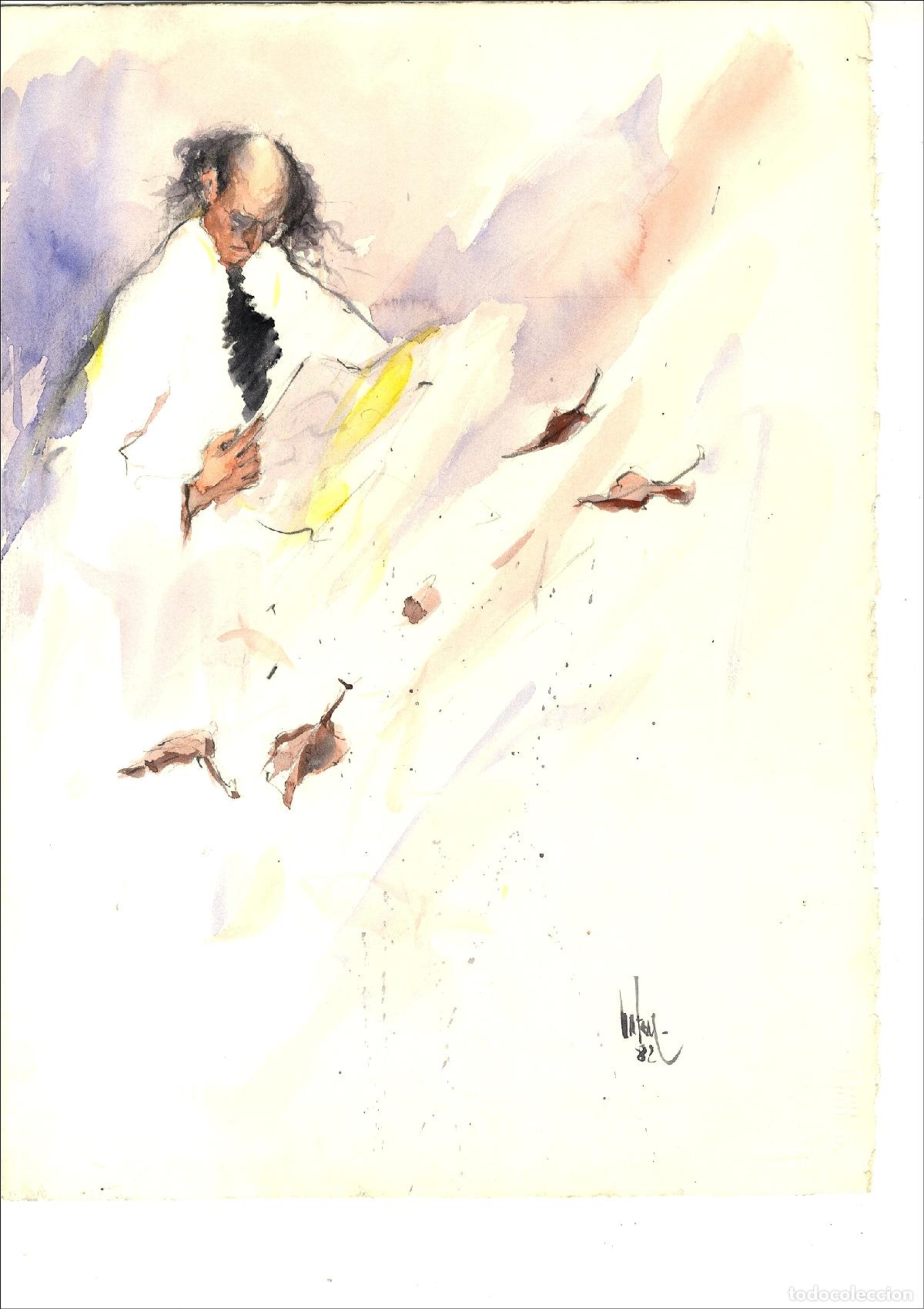 Arte: Anonimo-Ilegible - Hombre con sombrero - 38x28 cm - Acuarelas