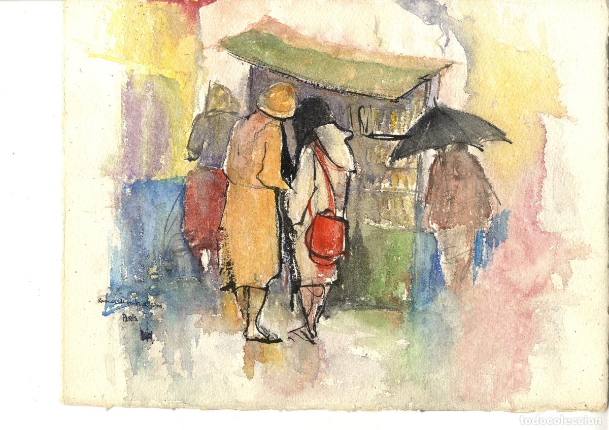 Arte: Anonimo-Ilegible - Pareja bajo la lluvia - 38x28 cm - Acuarelas
