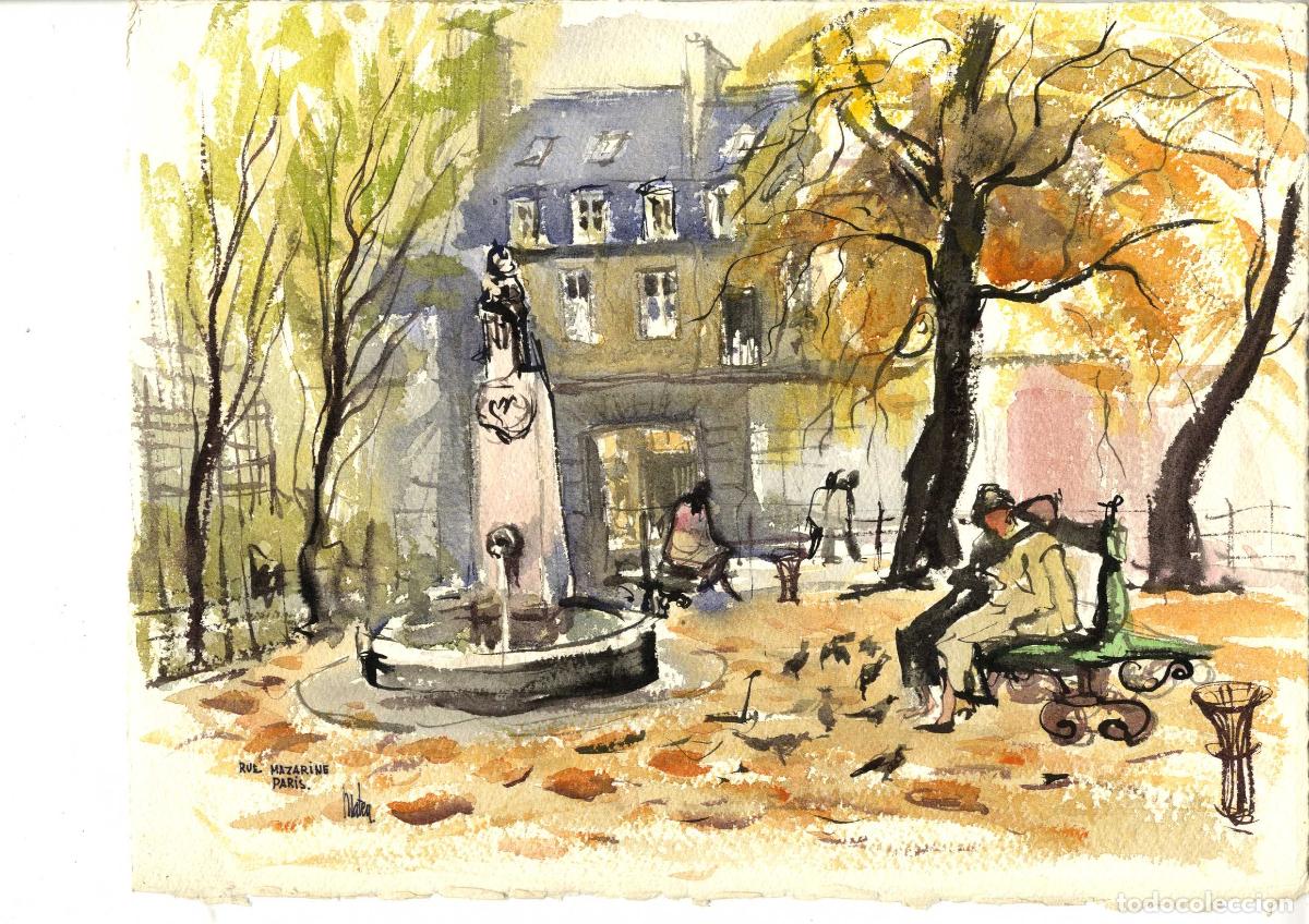 Arte: Anonimo-Ilegible - Fuente con estatua - 28x16 cm - Acuarelas