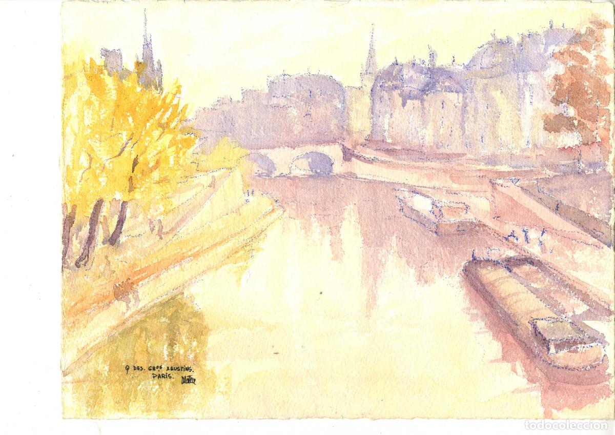 Arte: Anonimo-Ilegible - Barcos en el r&iacute;o - 28x16 cm - Acuarelas