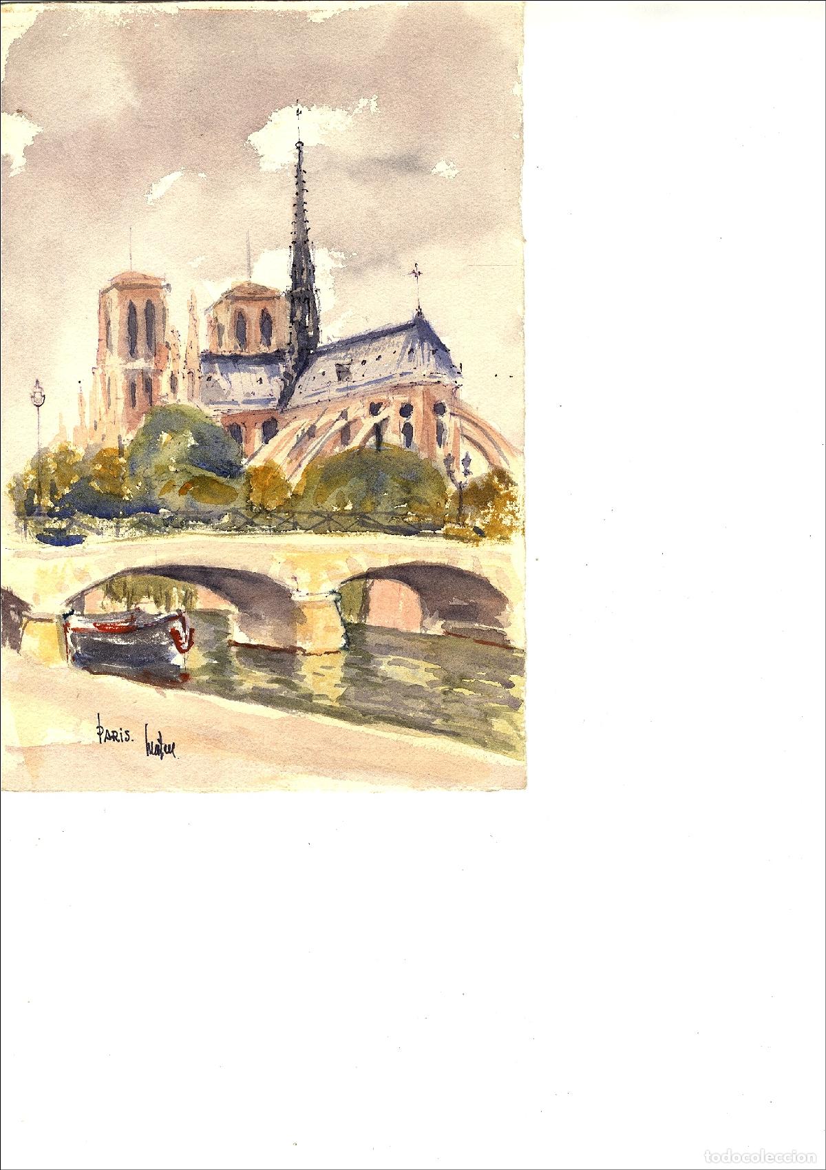 Arte: Anonimo-Ilegible - Iglesia de Paris - 28x16 cm - Acuarelas