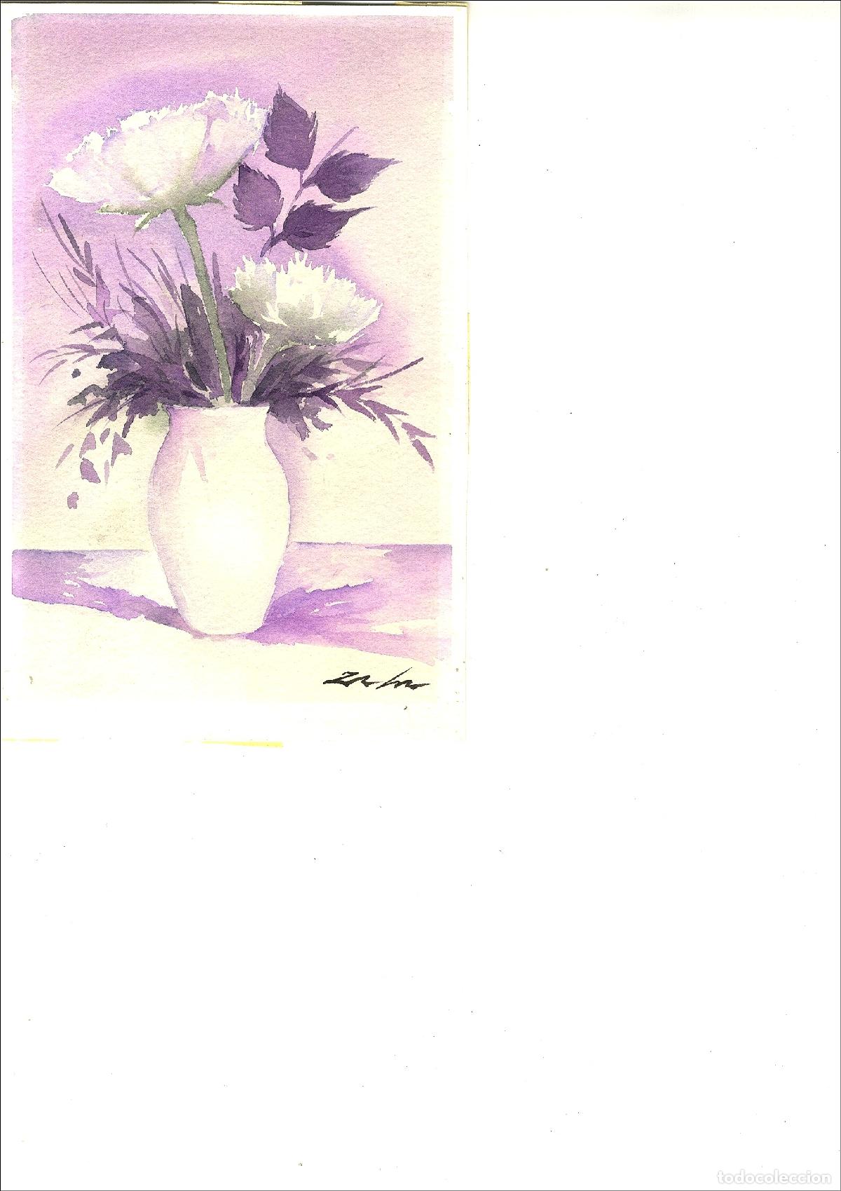 Arte: Anonimo-Ilegible - Flores en florero - 28x16 cm - Acuarelas