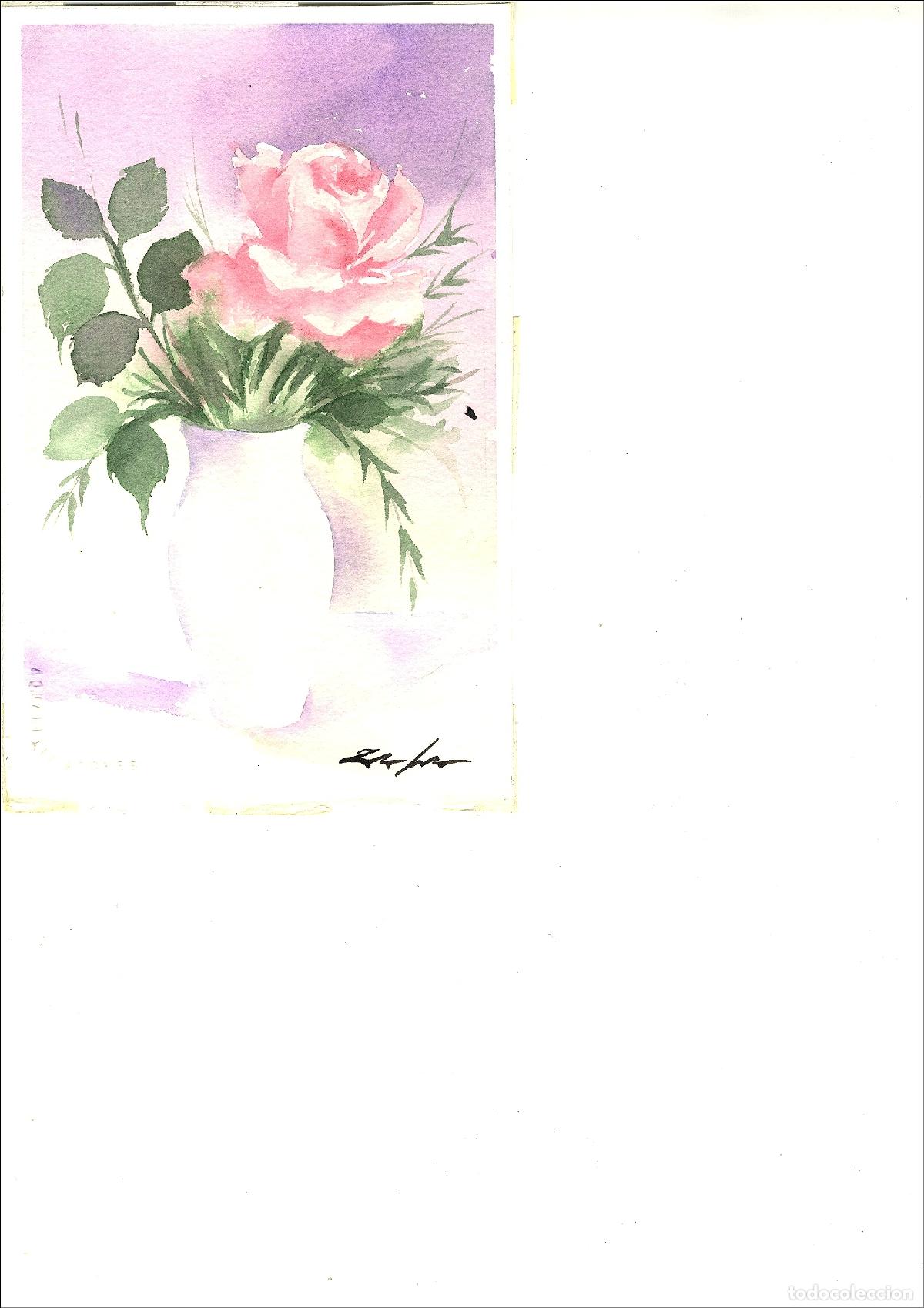 Arte: Anonimo-Ilegible - Rosa con hojas verdes - 28x16 cm - Acuarelas