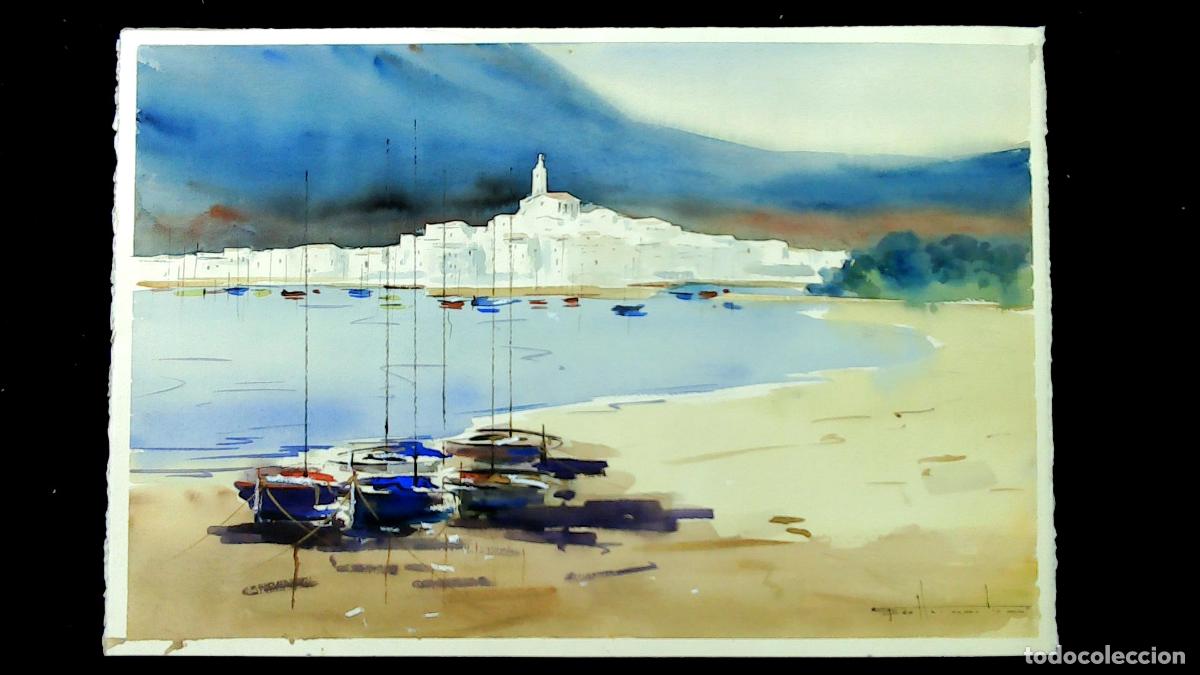 Arte: Anonimo-Ilegible - Barcos en la playa - 55x40 cm - Acuarelas