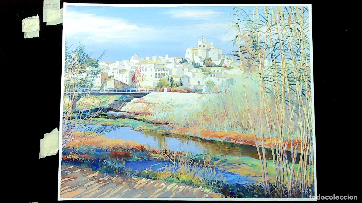 Arte: Anonimo-Ilegible - Pueblo al borde del r&iacute;o - 55x45 cm - Acuarelas