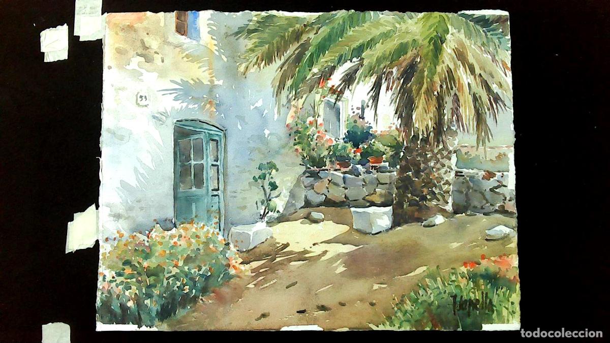 Arte: Anonimo-Ilegible - Entrada con palmera - 55x45 cm - Acuarelas