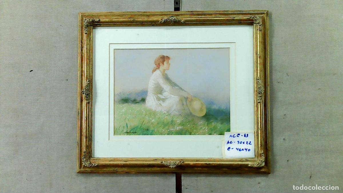 Arte: Anonimo - Ilegible - Mujer con sombrero en prado - 45x40 cm - Acuarelas enmarcadas
