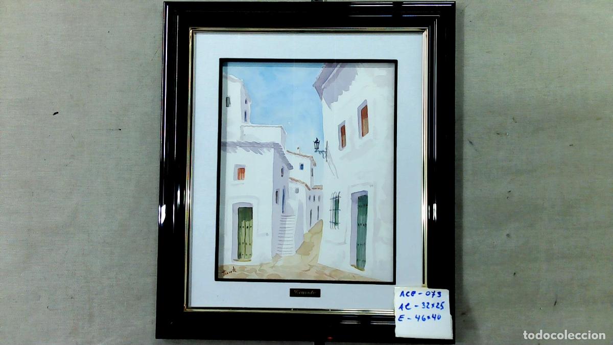 Arte: Anonimo - Ilegible - Callejuela blanca con edificios - 45x40 cm - Acuarelas enmarcadas