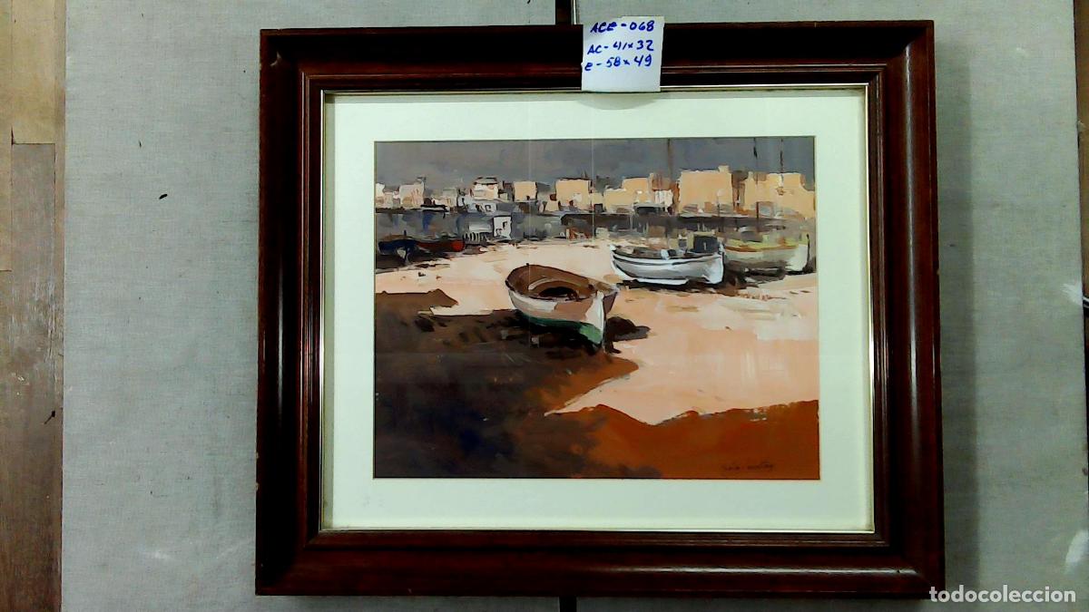 Arte: Anonimo - Ilegible - Barca en la playa - 62x52 cm - Acuarelas enmarcadas