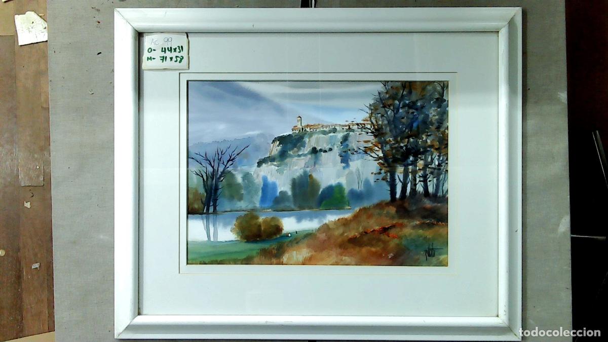 Arte: Anonimo - Ilegible - Pueblo en la colina - 73x60 cm - Acuarelas enmarcadas