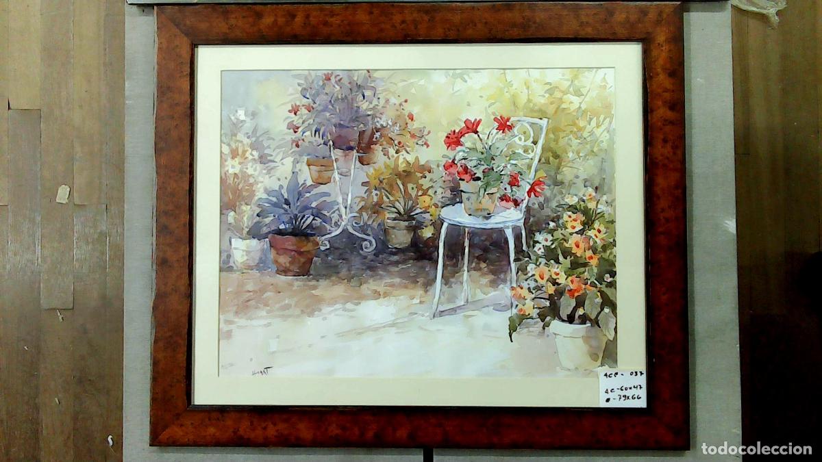 Arte: Anonimo - Ilegible - Jard&iacute;n de Flores en Silla - 80x65 cm - Acuarelas enmarcadas