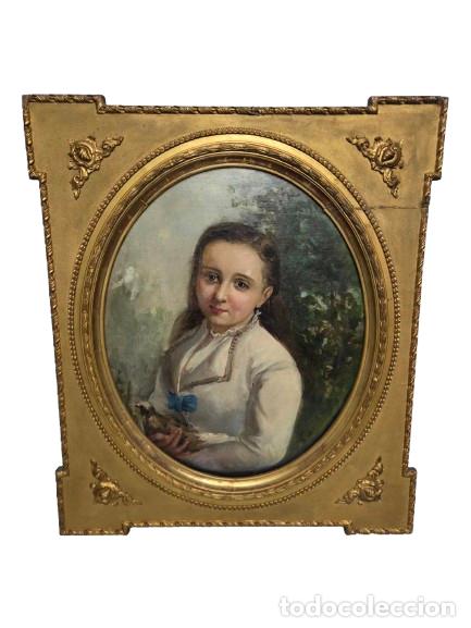 Arte: Precioso Retrato de Ni&ntilde;a con P&aacute;jaro - &Oacute;leo sobre Lienzo - Marco Original de &Eacute;poca - S.XIX