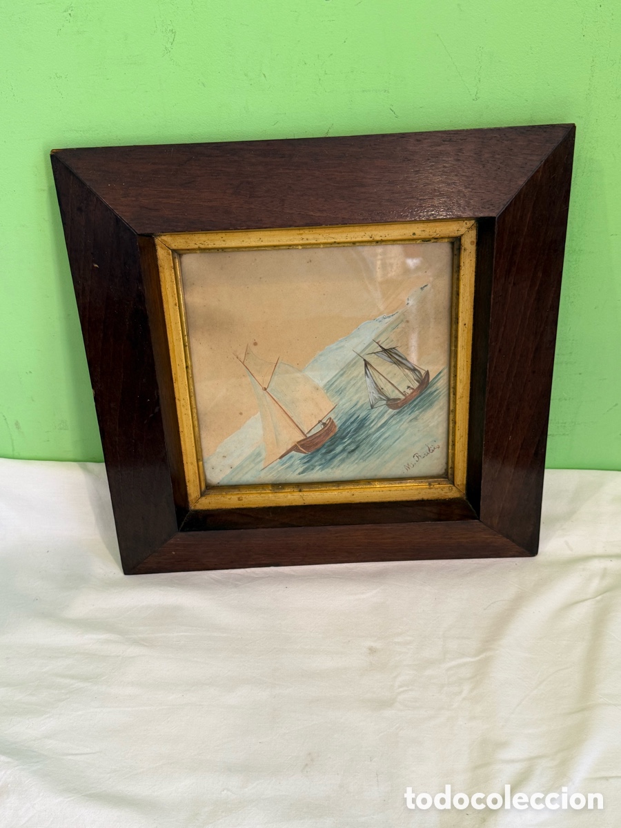 Art: Manuel Rubio &Oacute;leo Sobre Tabla Marina Barcos Firmado Marco Original &Eacute;poca