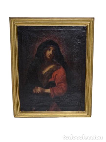 Arte: Virgen Dolorosa - Escuela Italiana - &Oacute;leo sobre Lienzo - S. XVII - Marco Antiguo - Bonita Cara Manos