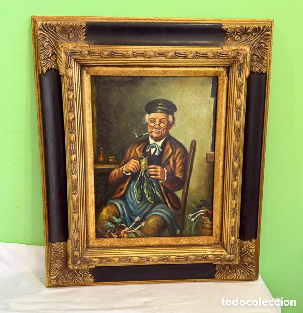 Art: &Oacute;leo Sobre Tabla Escena Costumbrista Europea Hombre Limpiando Verduras Marco Dorado &Eacute;poca