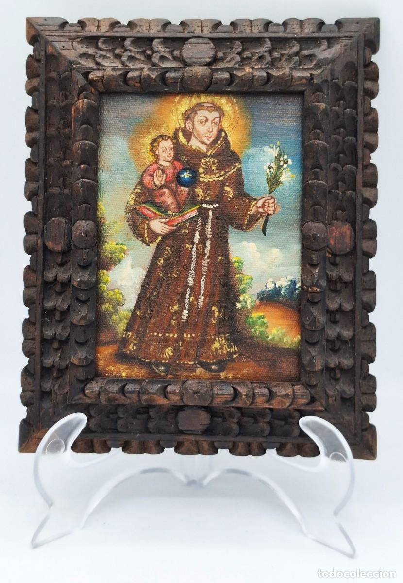 Arte: + MINIATURA EN OLEO SOBRE TELA DE SAN ANTONIO CON EL NI&Ntilde;O AL ESTILO DE LA ESCUELA COLONIAL