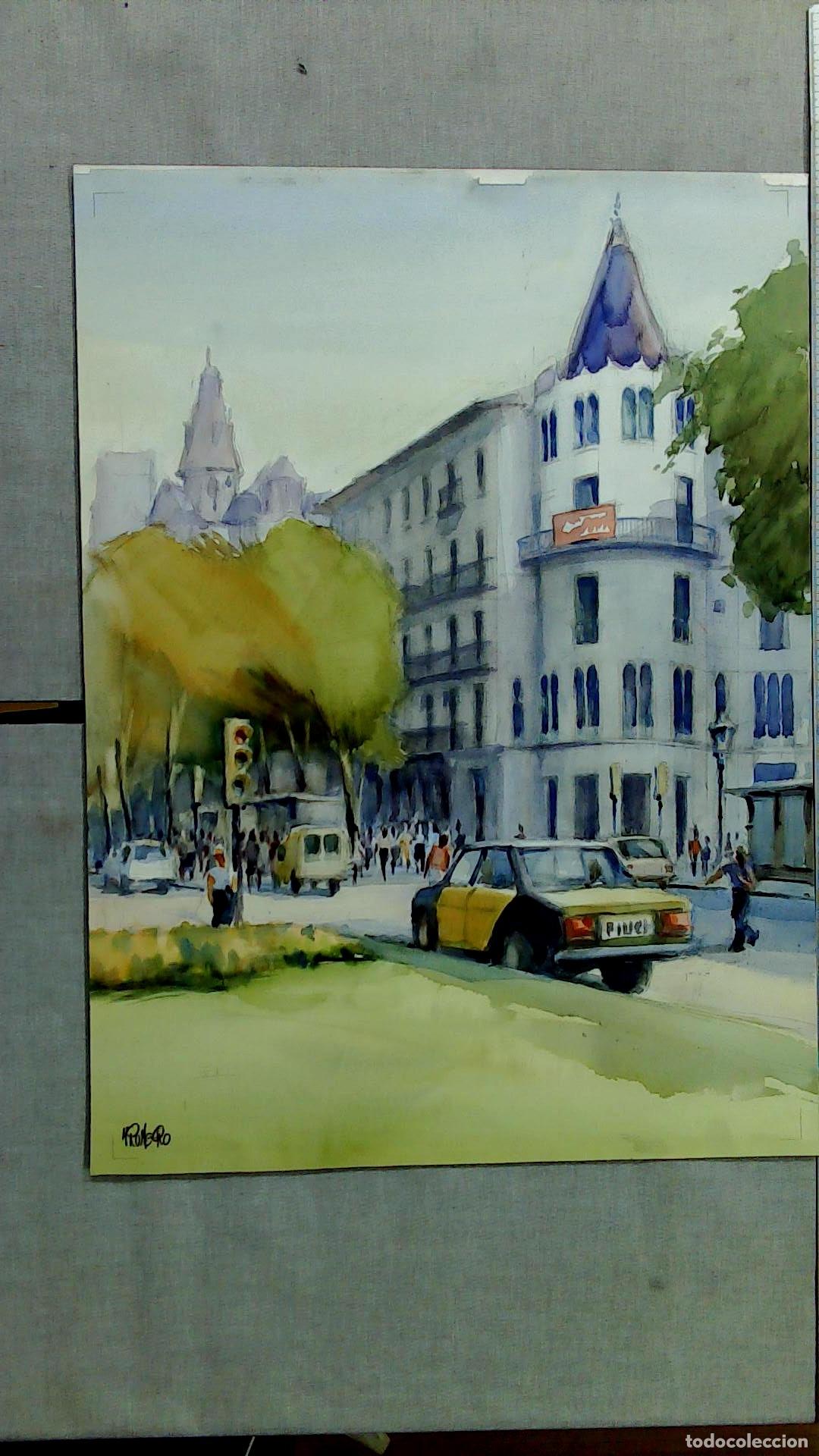 Arte: M Romero - Calle con Trafico - 62x46 cm - Acuarelas Enmarcada