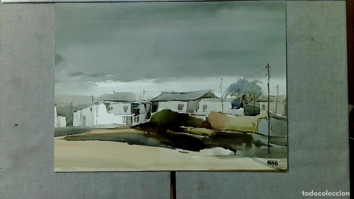 Arte: M Romero - Paisaje de casas grises - 62x46 cm - Acuarelas Enmarcada