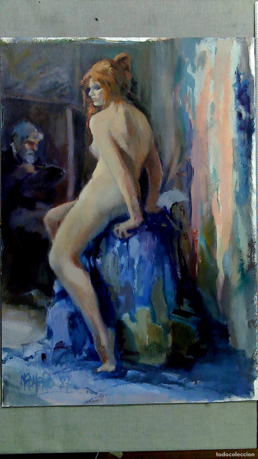 Arte: M Romero - Mujer desnuda en azul - 73x50 cm - Acuarelas Enmarcada