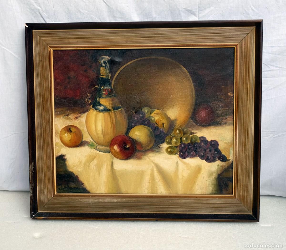 Art: Pintura al &oacute;leo. Bodeg&oacute;n con frutas y botella. Escuela espa&ntilde;ola