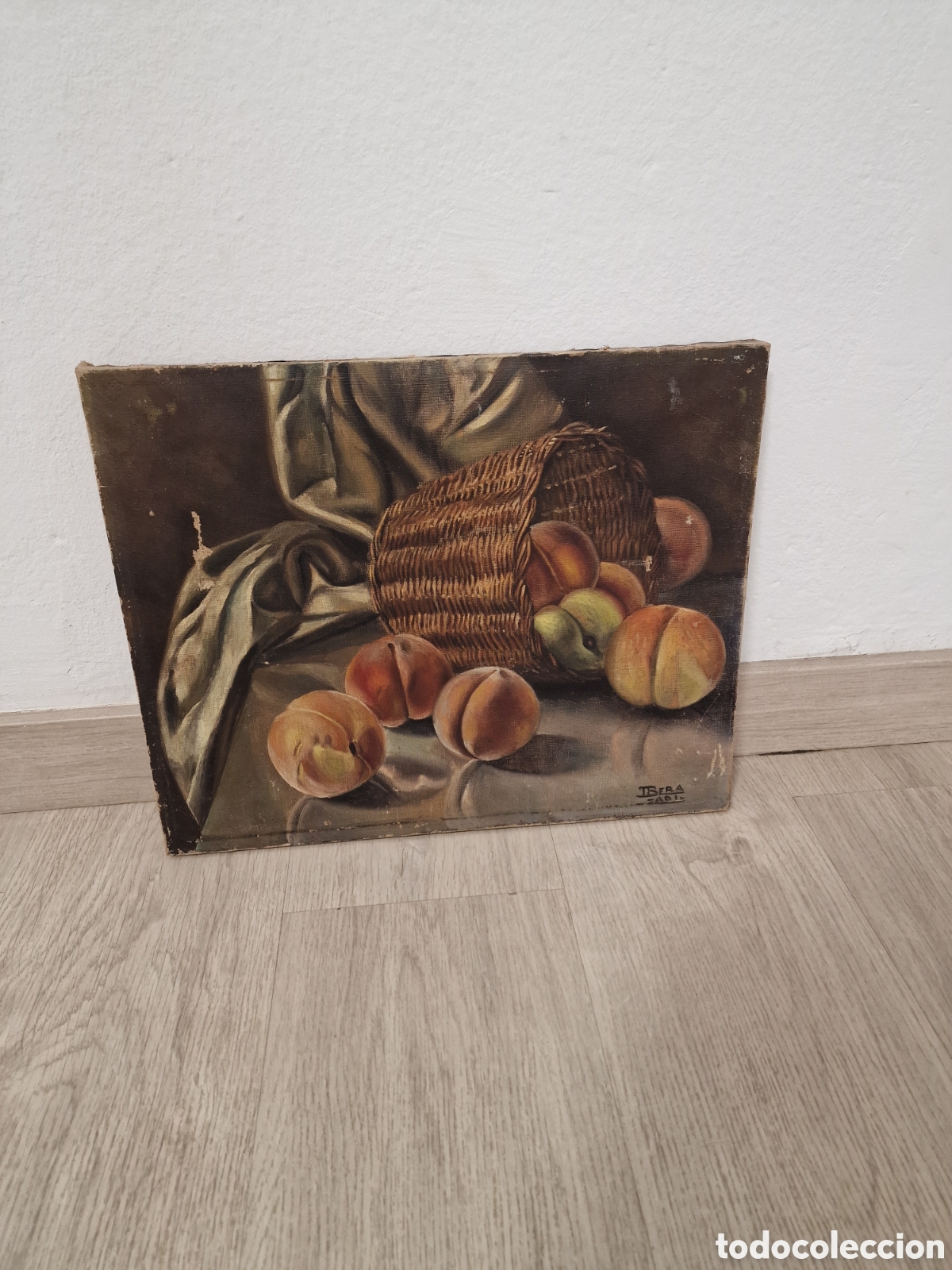 Art: Antiguo cuadro al &oacute;leo - Bodeg&oacute;n de melocotones y cesta - Firmado IBERA ZADI