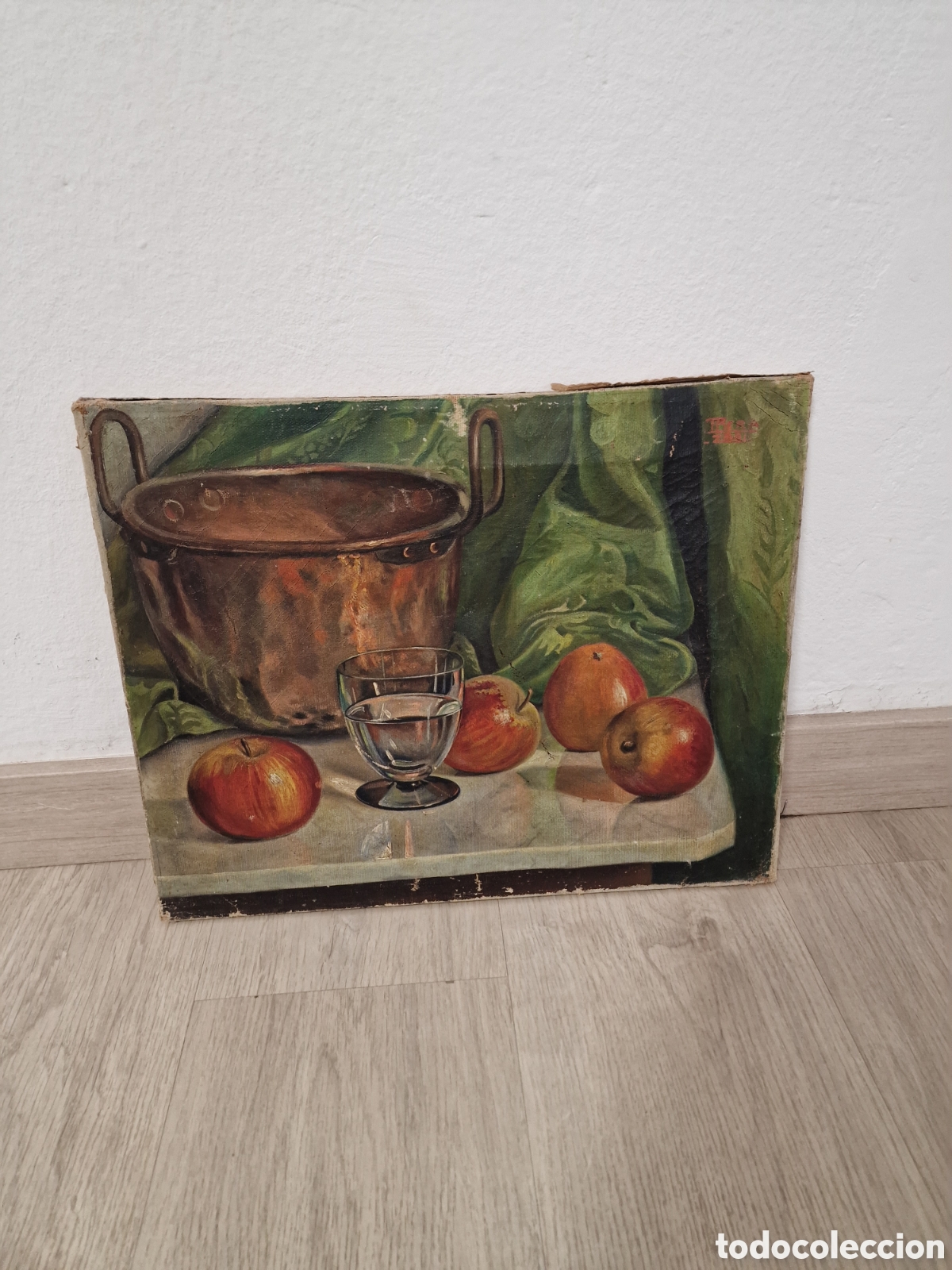 Art: Antiguo cuadro al &oacute;leo - Bodeg&oacute;n con caldero de cobre y manzanas - Firmado IBERA ZADI