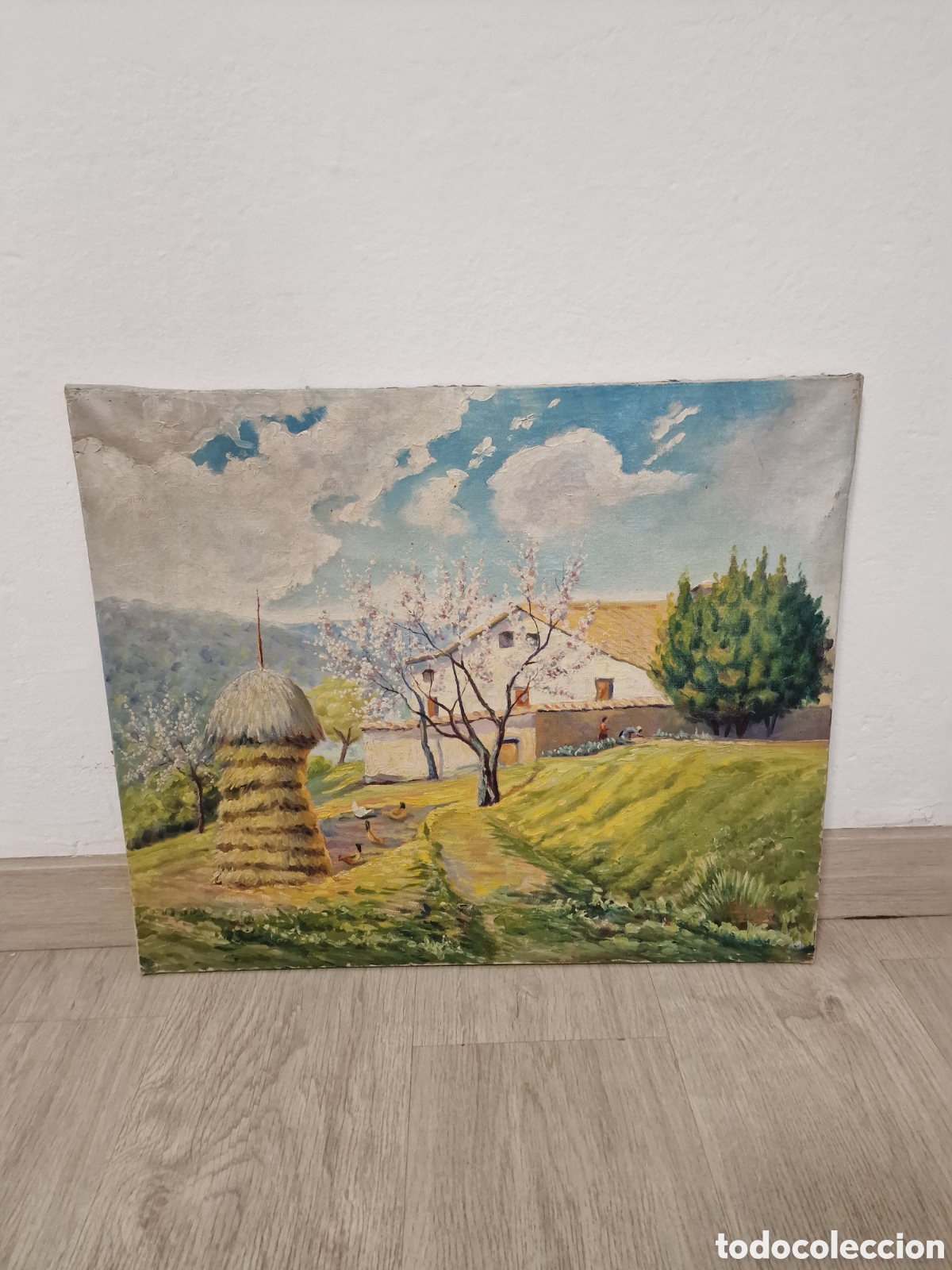 Art: Antiguo cuadro al &oacute;leo - Paisaje Rural con Mas&iacute;a y Almiar - Firmado IBERA ZADI